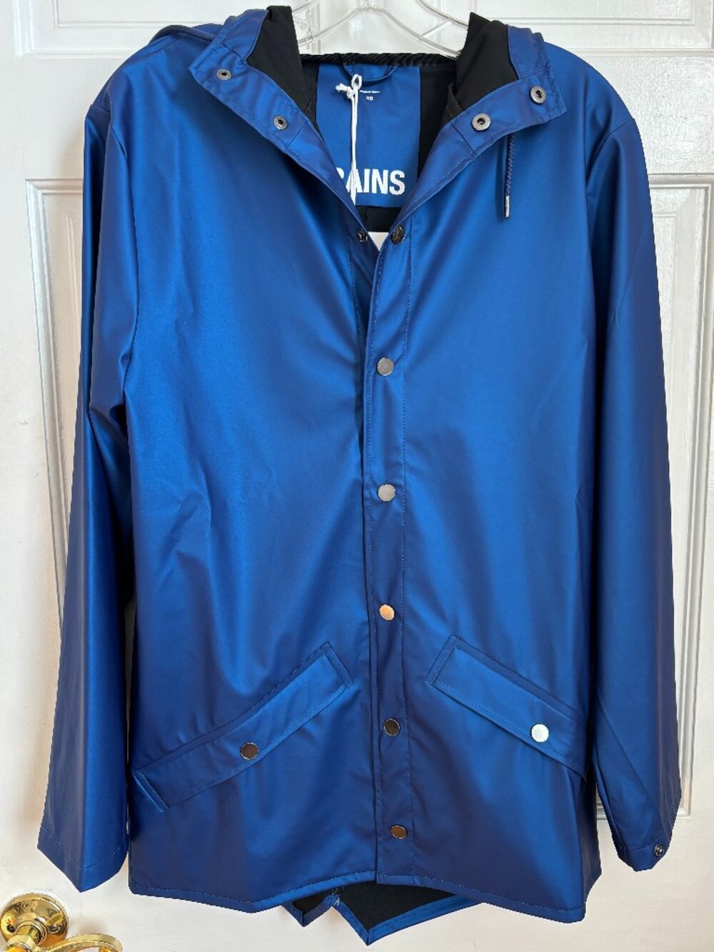 RAINS Rain Jacket Blue Metallic W3 Storm Hood Coat Women's XS Extra Small RARE